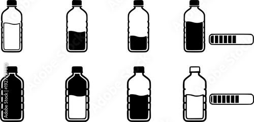 Plastic water bottle icon set featuring simple outline design for liquid volume and progress measurement – Black Vector Illustration