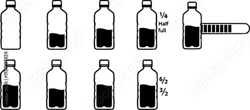 Plastic water bottle icon set featuring simple outline design for liquid volume and progress measurement – Black Vector Illustration