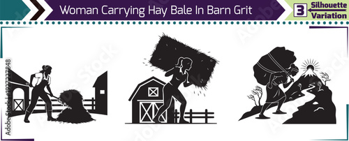 Strong Hardworking Woman Carrying Heavy Hay Bale In Barn Grit Rustic Farming Lifestyle