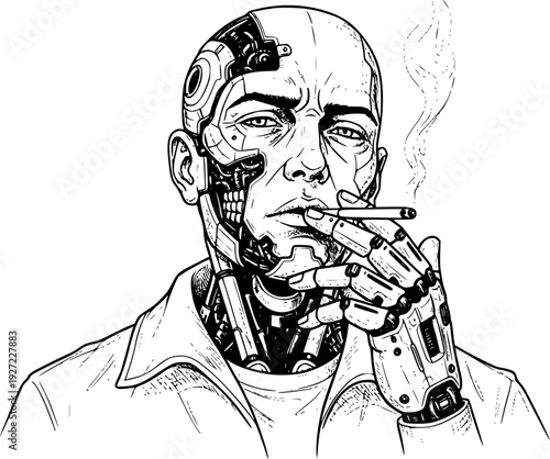Black and white cyborg men smoking 