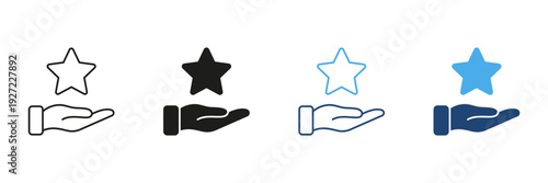 Hand Holding Star Line And Solid Icon Set. Achievement, Recognition, And Success Symbol Outline And Silhouette Collection. Reward And Excellence Representation. Isolated Vector Illustration