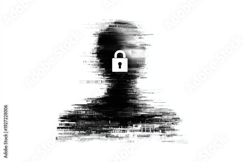 A digital silhouette of a person, obscured by pixelated glitches, a padlock superimposed over the face, portraying concepts of data privacy and internet security.