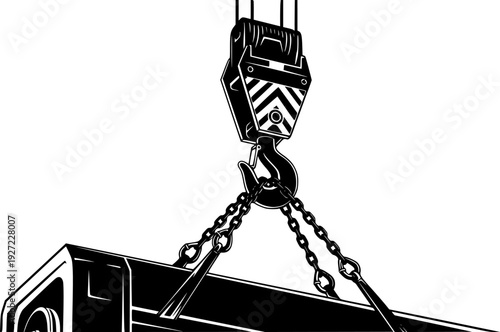 Industrial crane hook lifting heavy equipment with multiple chains and clasps – Black and White Vector Illustration