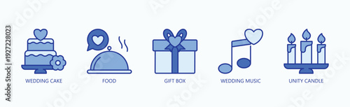 Wedding Essentials Icon Set Isolated Vector With Icon Of Wedding Cake, Food, Gift Box, Wedding Music, Unity Candle, ,  In Blue Style