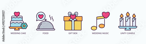 Wedding Essentials Icon Set Isolated Vector With Icon Of Wedding Cake, Food, Gift Box, Wedding Music, Unity Candle, ,  In Outline Color Style
