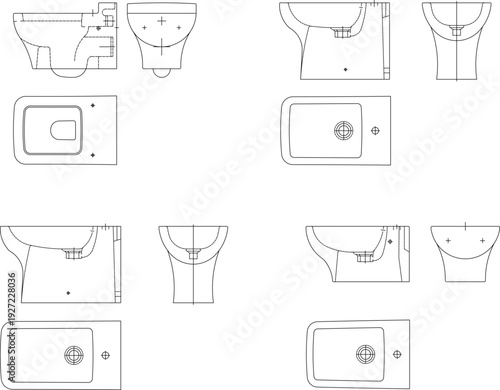 Technical CAD drawing showing multiple orthographic views of bathroom sanitary ware, including pedestal sinks, toilets, and bidets for architectural planning.