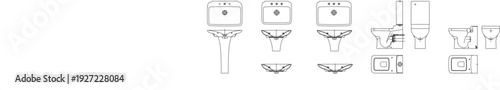 Technical blueprint drawing showing various views of bathroom fixtures, including pedestal sinks and toilets from top, side, and front perspectives.