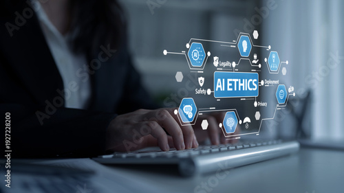 A business professional interacts with a laptop, emphasizing AI ethics through digital elements focusing on privacy, safety, and legality in a modern workspace. Tessel