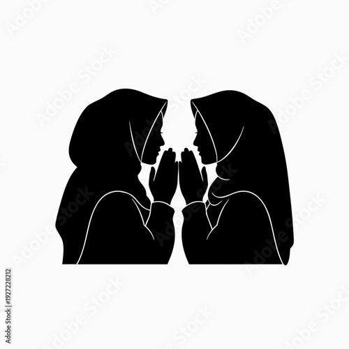 Pair of solid black silhouettes featuring muslimah women wearing hijabs in a respectful greeting or apology gesture isolated on white background