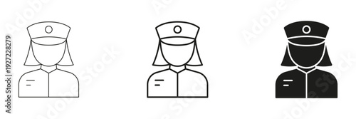 Female Nurse Avatar Line And Solid Icon Set. Healthcare Professional, Medical Staff, And Hospital Worker Outline And Silhouette Symbol Collection. Isolated Vector Illustration