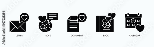 Written Communication Icon Set Isolated Vector With Icon Of Letter, Love, Document, Book, Calendar, ,  In Black Style