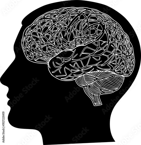 Human brain icon featuring abstract strings for psychological thought and creative idea symbol – Black Vector Illustration