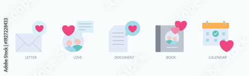 Written Communication Icon Set Isolated Vector With Icon Of Letter, Love, Document, Book, Calendar, ,  In Flat Style