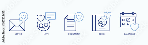 Written Communication Icon Set Isolated Vector With Icon Of Letter, Love, Document, Book, Calendar, ,  In Two Color Glyph Style