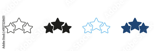Three Stars Rating Line And Solid Icon Set. Quality Assessment, Feedback, And Review System Outline And Silhouette Symbol Collection. Customer Satisfaction Evaluation. Isolated Vector Illustration