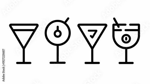 Monochrome line art of cocktail glasses, each with a unique design and some with numbers