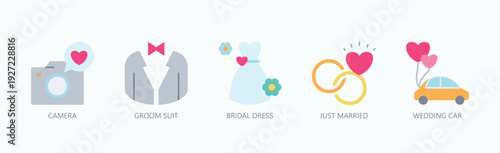 Bridal Moments Icon Set Isolated Vector With Icon Of Camera, Groom Suit, Bridal Dress, Just Married, Wedding Car, ,  In Flat Style