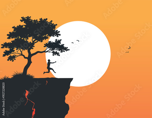 Silhouette of a tree at sunset with Halloween elements in a spooky landscape