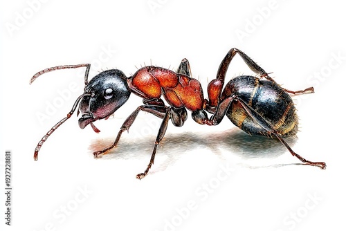 An up-close portrayal of a single ant showcases its intricate anatomy, highlighting its resilient form and captivating structural detail.