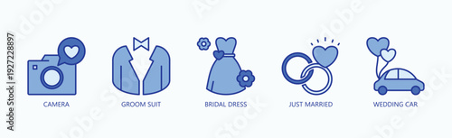 Bridal Moments Icon Set Isolated Vector With Icon Of Camera, Groom Suit, Bridal Dress, Just Married, Wedding Car, ,  In Blue Style