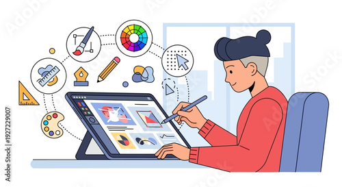 Woman working on digital tablet.