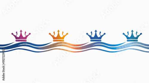 Colorful abstract design featuring crowns above stylized waves on a white background