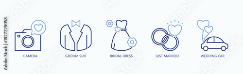 Bridal Moments Icon Set Isolated Vector With Icon Of Camera, Groom Suit, Bridal Dress, Just Married, Wedding Car, ,  In Two Color Glyph Style