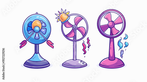 Three colorful illustrations of electric fans with different designs and air effects, isolated