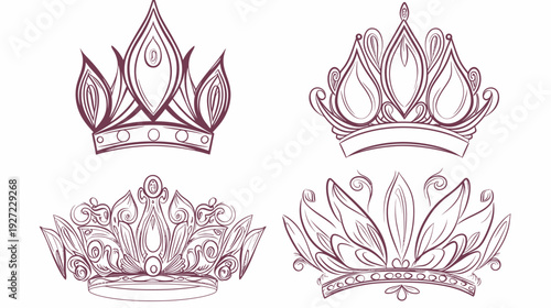 Four stylized crown illustrations in a hand-drawn style with varying designs and ornate elements
