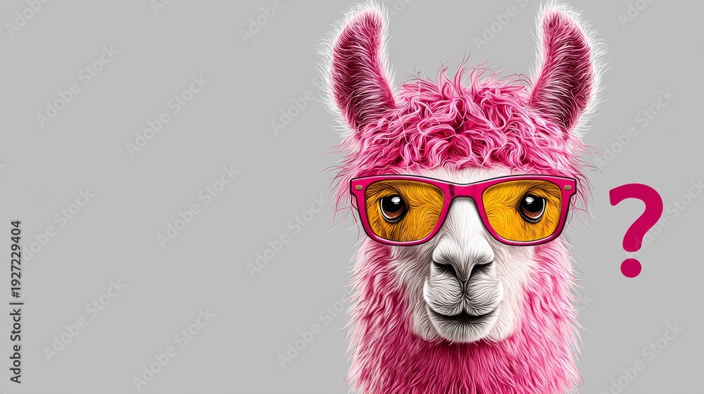 Fototapeta premium Pink llama wearing oversized yellow sunglasses with a playful expression against a gray background, cartoonish style emphasizing vibrant colors and whimsical design