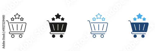 Shopping Cart With Stars Line And Solid Icon Set. Customer Satisfaction, Quality Products, And E-Commerce Excellence Outline And Silhouette Symbol Collection. Isolated Vector Illustration