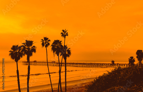 Silhouette of San Clemente pier at sunset with Palm Trees