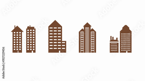 Silhouettes of diverse buildings in a warm, earthy tone set against a clean white backdrop