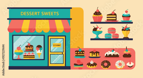 A colorful vector illustration of a dessert shop storefront with an array of sweet treats like cakes, cupcakes, and donuts displayed inside and around.