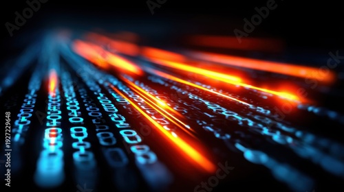 Abstract digital data stream with glowing orange light trails and binary code