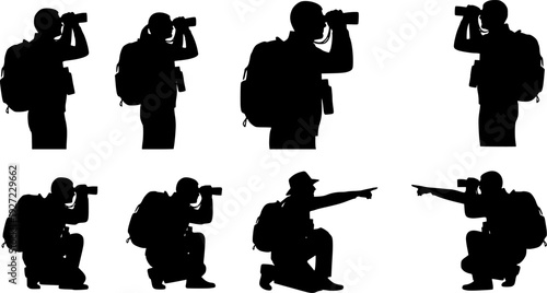 Birdwatching silhouettes with binoculars, outdoor nature observation, educational tour, backpack gear, black figures, pointing gestures, squatting pose, vector illustration