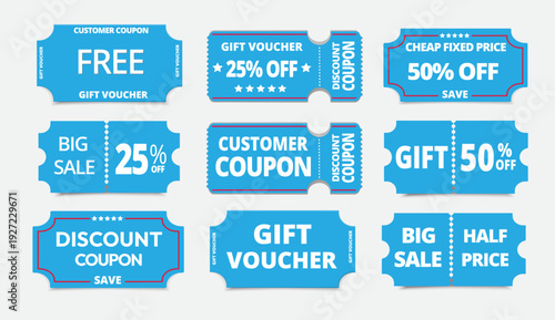 modern discount coupons with offer message, white text on blue backdrop