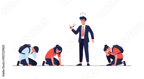 Illustration of a businessman standing and talking to four employees crouching in a row on a white background with a corporate and humorous mood.
