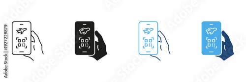 Mobile Boarding Pass With Qr Code Icon Set. Digital Ticketing And Travel Convenience Outline And Silhouette Symbol Collection. Smartphone And Airplane Ticketing. Isolated Vector Illustration