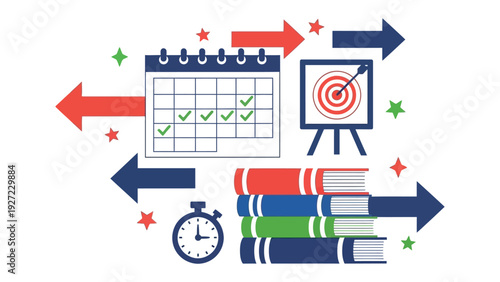 Planning and Goal Setting: A visual representation of strategic planning and time management, featuring a calendar, target, and books, all interconnected by arrows.