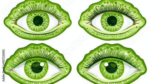 Four stylized green eyes with detailed irises, surrounded by lash-like lines, on a white background