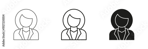 Female Professional Avatar Line And Solid Icon Set. Businesswoman, Corporate Identity, And Career Outline And Silhouette Symbol Collection. Isolated Vector Illustration