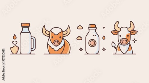 Simplified illustration of dairy elements milk bottles and cows in a minimal, flat design