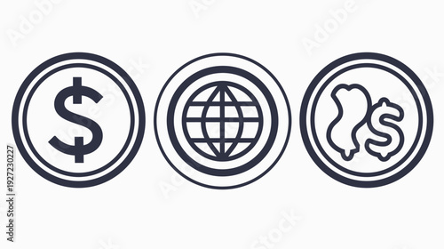 Three circular icons representing finance, global economy, and currency exchange