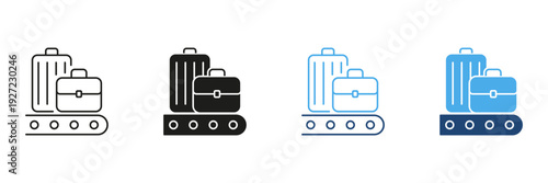 Luggage On Conveyor Belt Icon Set. Baggage Handling, Airport Logistics, And Travel Management Outline And Silhouette Symbol Collection. Isolated Vector Illustration