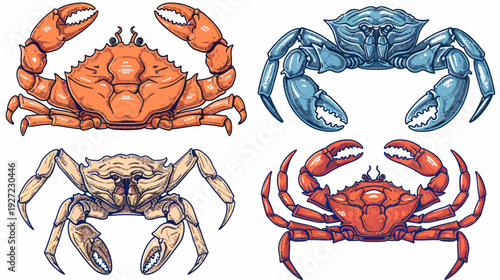 Four stylized illustrations of crabs in various colors, detailed with pixelated textures and linework