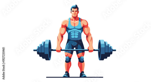 Pixel art illustration of a muscular man lifting a barbell with a plain white background.