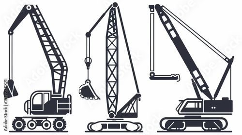 Three stylized, dark construction cranes on white, showcasing different forms and functionalities