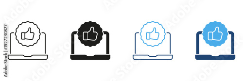 Laptop With Thumbs Up Badge Line And Solid Icon Set. Online Approval, Positive Feedback and Digital Endorsement Outline And Silhouette Symbol Collection. Isolated Vector Illustration