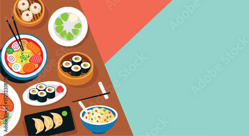 This vibrant vector illustration features a diverse spread of popular Asian dishes like ramen, sushi, dumplings, and fried rice on a table with a colorful background.